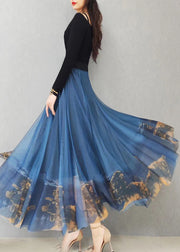 Italian Blue Print Exra Large Hem Loose Tulle Skirt Spring