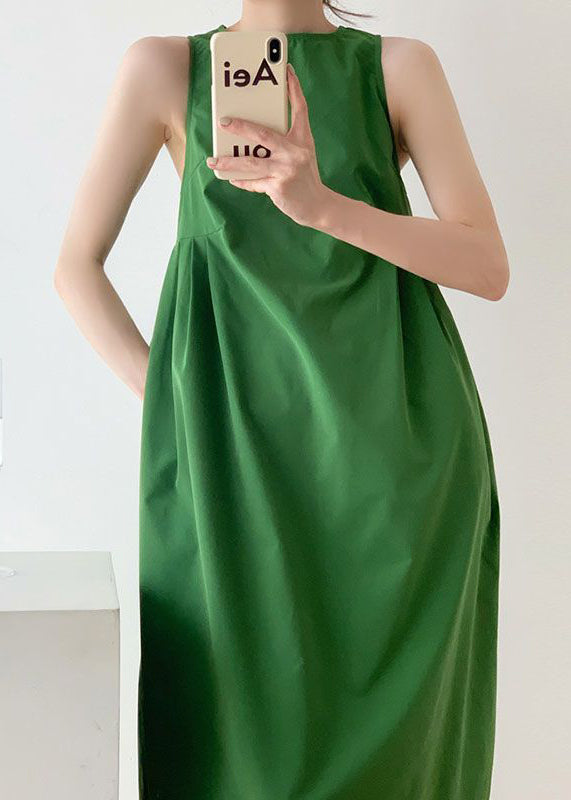 Italian Green O Neck Wrinkled Patchwork Cotton Dress Sleeveless