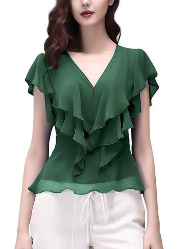 Italian Green V Neck Ruffled Patchwork Chiffon Top Summer