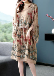 Italian Khaki Hooded Embroideried Patchwork Silk Dress Spring