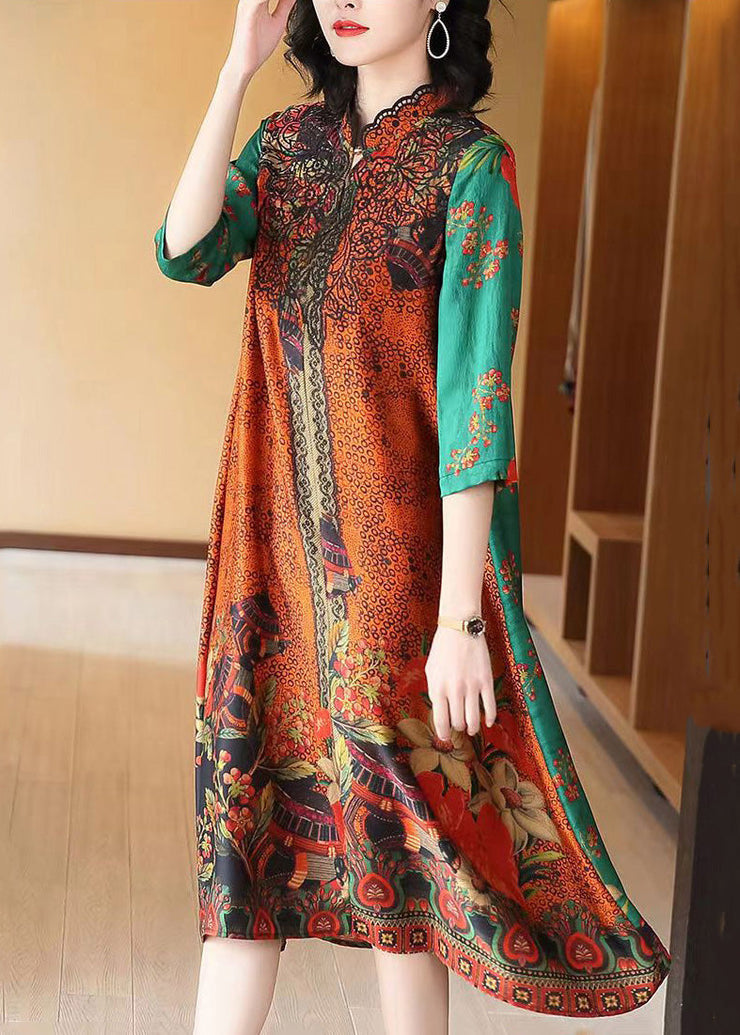 Italian Orange Stand Collar Print Patchwork Silk Long Dress Half Sleeve