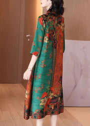 Italian Orange Stand Collar Print Patchwork Silk Long Dress Half Sleeve