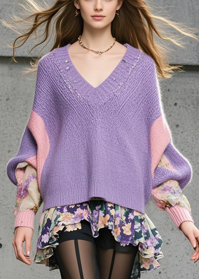 Italian Purple Oversized Patchwork Knit Sweaters Batwing Sleeve