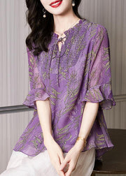 Italian Purple Ruffled Print Chiffon Blouses Summer