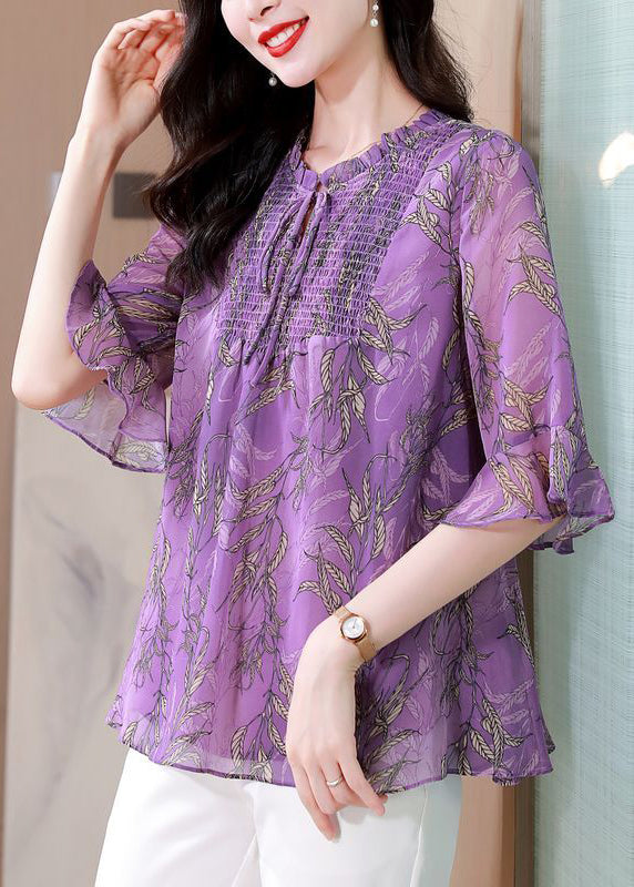 Italian Purple Ruffled Print Chiffon Blouses Summer