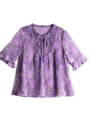 Italian Purple Ruffled Print Chiffon Blouses Summer