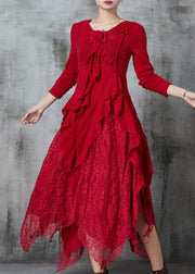 Italian Red Asymmetrical Patchwork Knit Long Dresses Spring