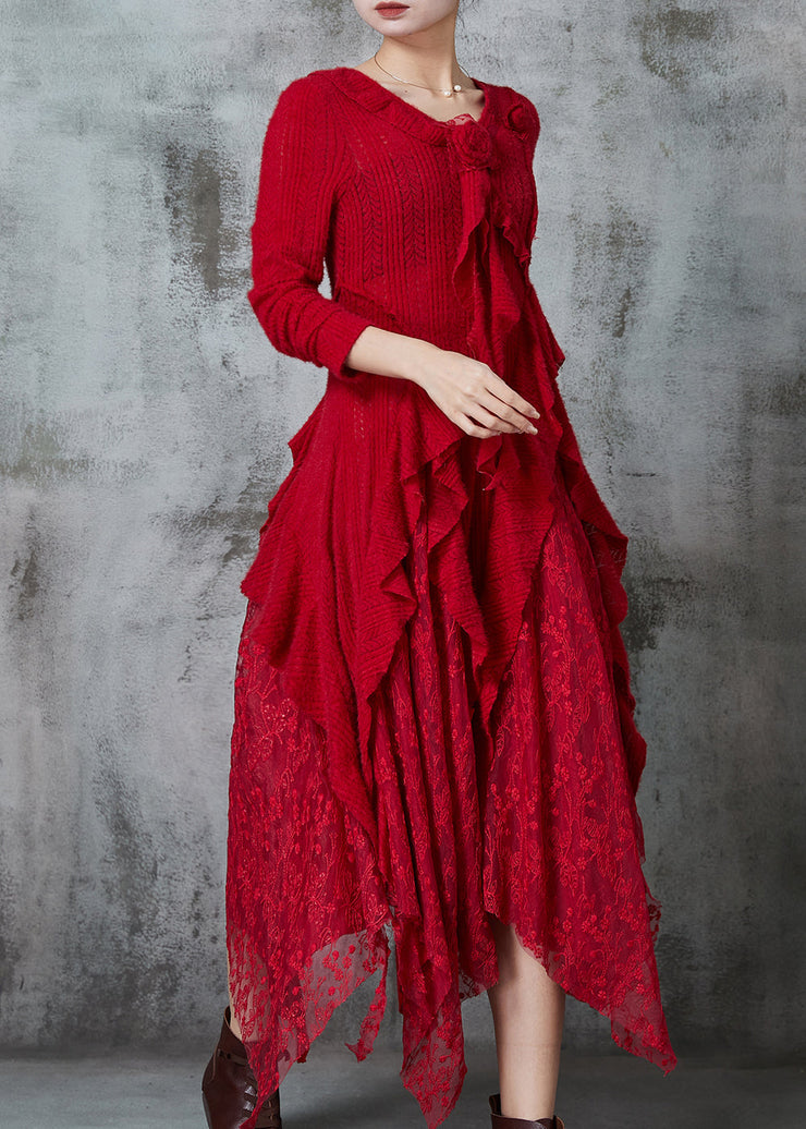 Italian Red Asymmetrical Patchwork Knit Long Dresses Spring