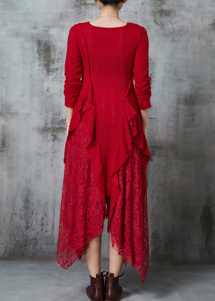 Italian Red Asymmetrical Patchwork Knit Long Dresses Spring