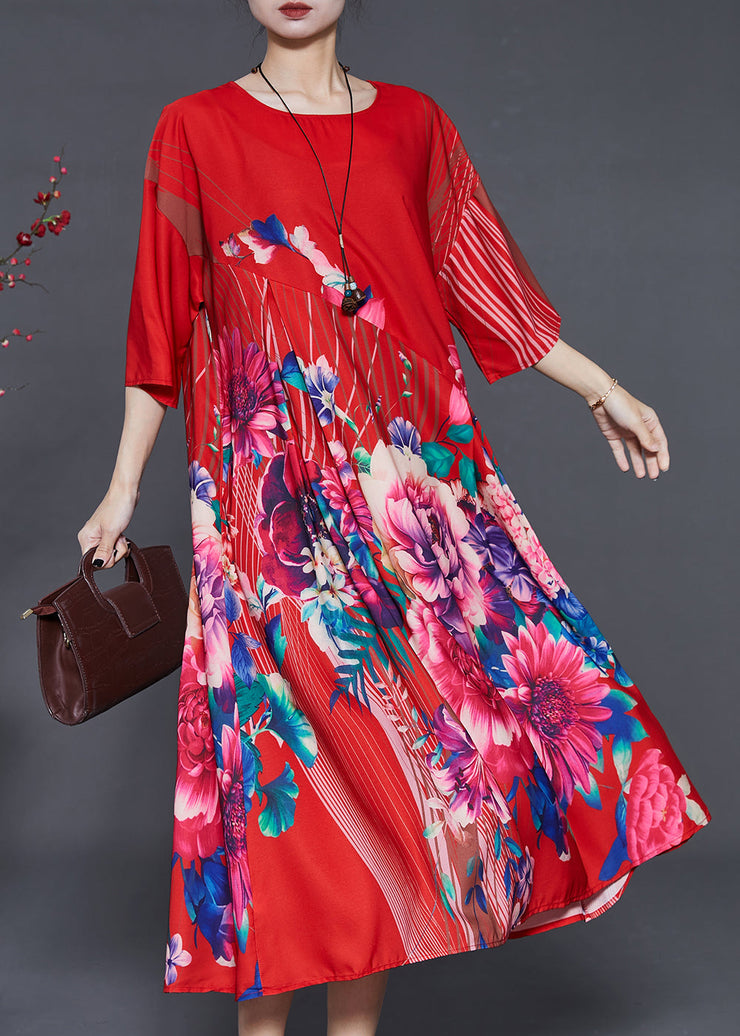 Italian Red Oversized Floral Silk Dresses Summer