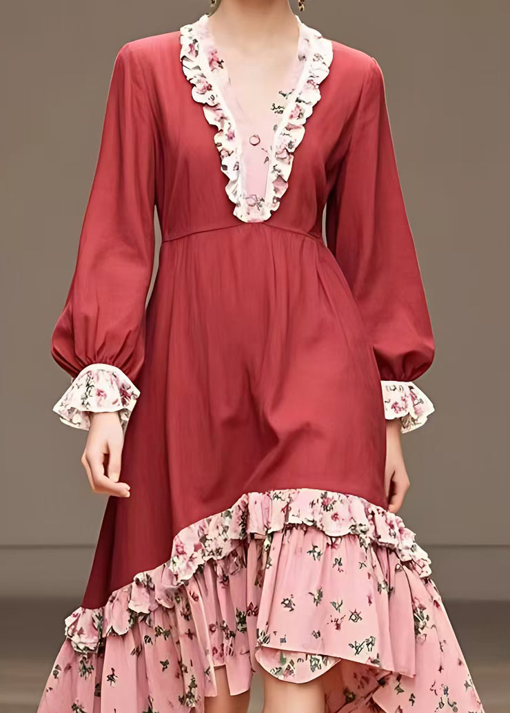 Italian Red V Neck Ruffled Cotton Dresses Long Sleeve