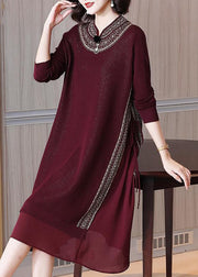 Italian Wine Red Lace Up Chiffon Patchwork Knit Dress Spring