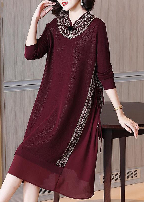 Italian Wine Red Lace Up Chiffon Patchwork Knit Dress Spring