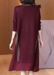 Italian Wine Red Lace Up Chiffon Patchwork Knit Dress Spring