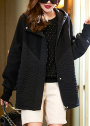 Jacquard Black Hooded Pockets Patchwork Cotton Coats Long Sleeve