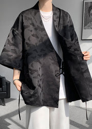 Jacquard Black Lace Up Pockets Ice Silk Mens Coat Batwing Sleeve