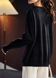 Jacquard Black Ruffled Nail Bead Wool Knit Top Long Sleeve