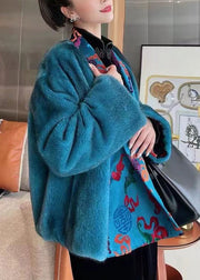 Jacquard Blue Silk Patchwork Mink Hair Coats Long Sleeve