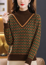 Jacquard Coffee Turtleneck False Two Pieces Cotton Knit Sweaters Spring