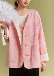 Jacquard Pink Button Pockets Silk Coat Long Sleeve