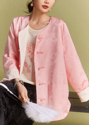 Jacquard Pink Button Pockets Silk Coat Long Sleeve