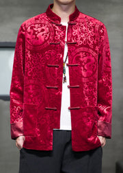 Jacquard Red Pockets Button Silk Velour Men Coats Spring