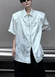 Jacquard White Peter Pan Collar Button Silk Men Shirts Summer