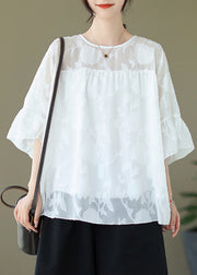 Jacquard White Solid Embroidery Tulle Top Flare Sleeve