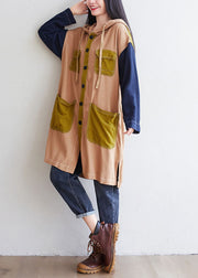 Khaki Patchwork Linen Coat Oversized Drawstring Spring