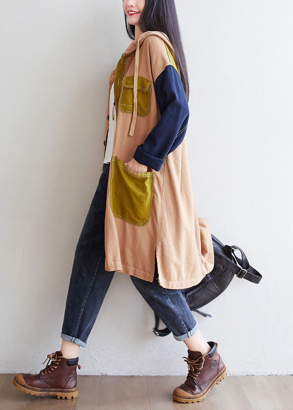 Khaki Patchwork Linen Coat Oversized Drawstring Spring