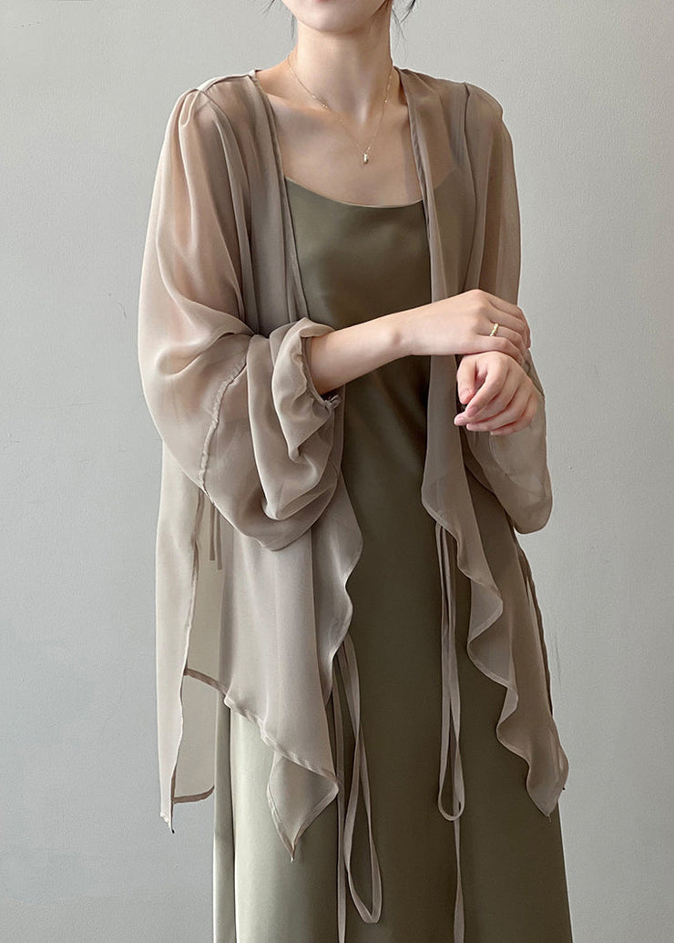 Khaki Solid Chiffon Cardigan Lace Up Long Sleeve