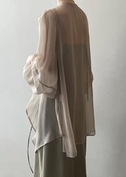 Khaki Solid Chiffon Cardigan Lace Up Long Sleeve