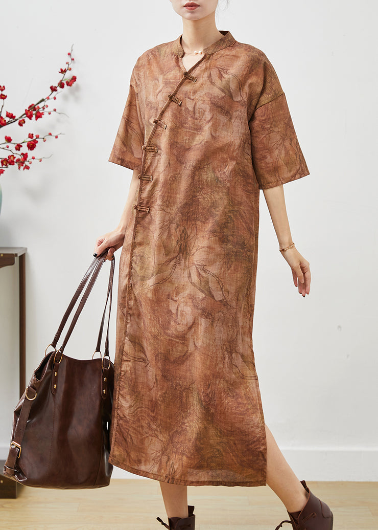 Khaki Tie Dye Linen Long Dresses Chinese Button Summer