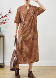 Khaki Tie Dye Linen Long Dresses Chinese Button Summer