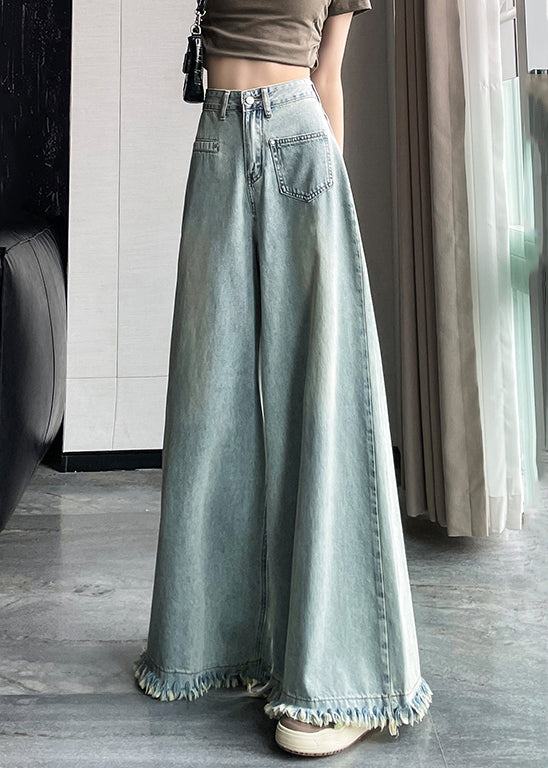 Light Blue Button Denim Wide Leg Pants Tasseled