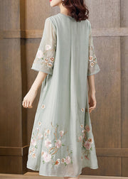 Light Green Patchwork Silk Cotton Long Dresses V Neck Summer