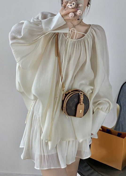 Loose Apricot Lace Up Button Cotton Shirt Long Sleeve