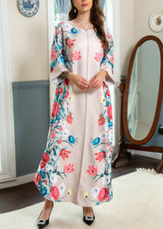 Loose Apricot O Neck Print Cotton Robe Dresses Spring