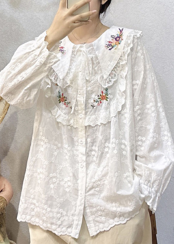 Loose Beige Embroidered Lace Patchwork Cotton Shirt Long Sleeve