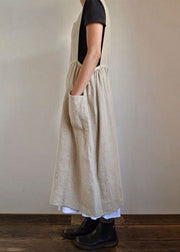 Loose Beige Pockets High Waist Linen Dress Sleeveless