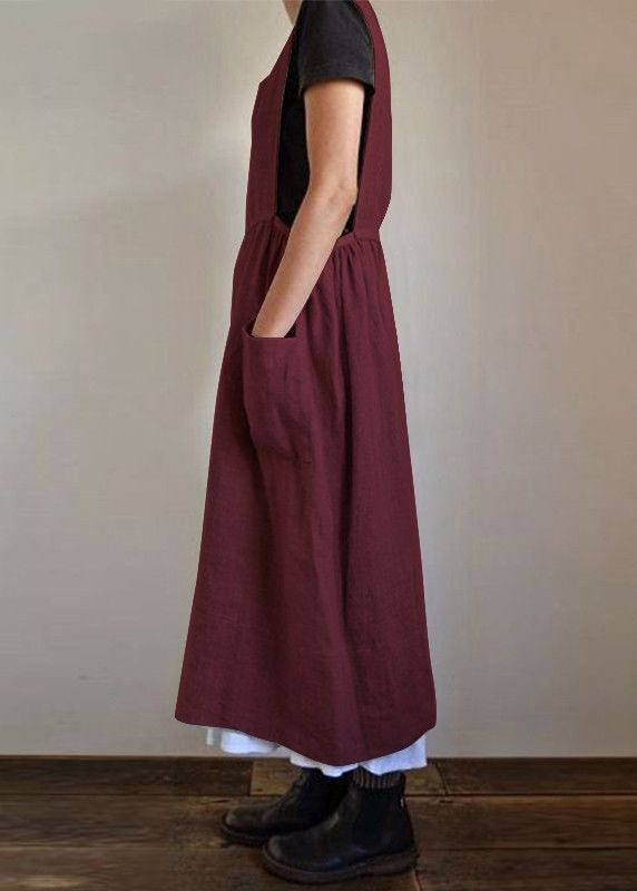 Loose Beige Pockets High Waist Linen Dress Sleeveless