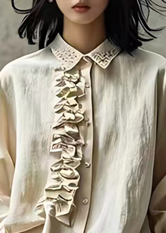 Loose Beige Ruffled Patchwork Button Tops Fall