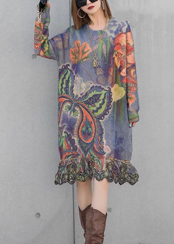 Loose Belle Print Patchwork Mink Velvet Knit Dresses Spring