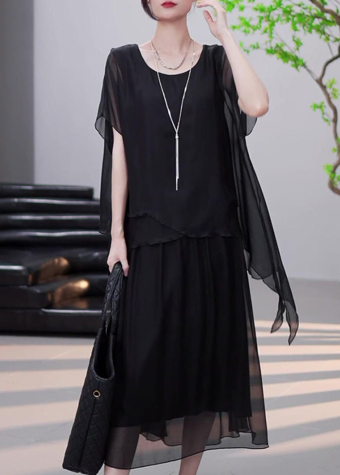 Loose Black Asymmetrical False Two Pieces Chiffon Dress Summer