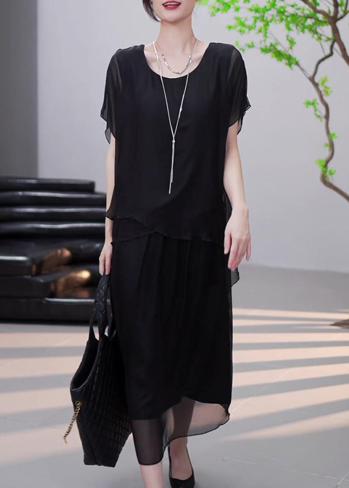 Loose Black Asymmetrical False Two Pieces Chiffon Dress Summer