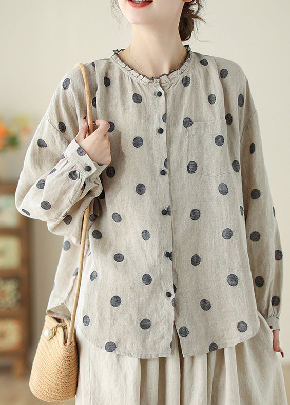 Loose Black Dot Ruffled Button Cotton Shirt Long Sleeve