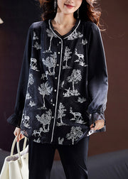 Loose Black Embroidered Button Chiffon Blouses Long Sleeve