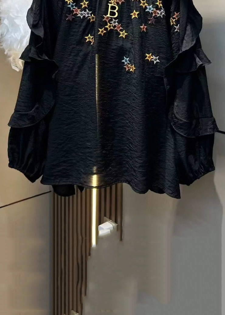 Loose Black Embroidered Ruffled Solid Cotton Tops Long Sleeve