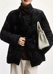 Loose Black Embroidered Sequins Duck Down Coat Long Sleeve