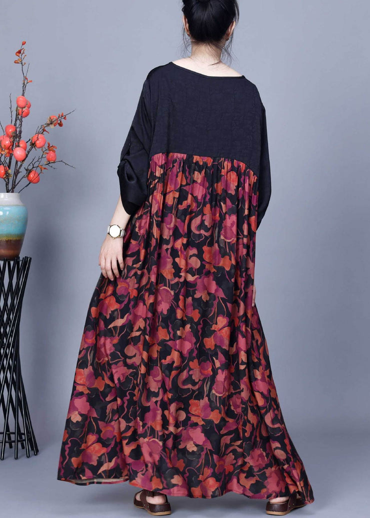 Loose Black O Neck Print Patchwork Silk Dresses Spring